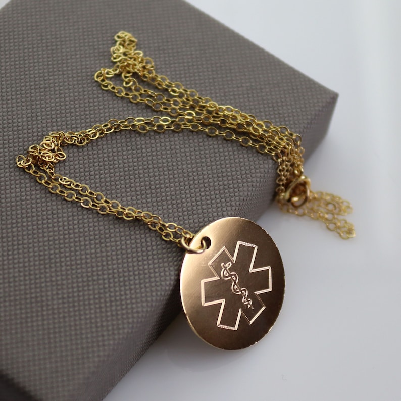 Gold Medical Alert Necklace Custom Medical ID Jewelry Type 1 Diabetes Pendant Medical Symbol Star of Life / Caduceus image 1