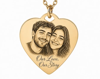 Custom Photo Engraved Heart Pendant - Gold Portrait Engraved Heart Necklace - Personalized Gift for her - Picture engraved Jewelry