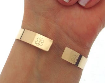 Medical ID Alert Bracelets for Women - Star of Life Cuff Bracelet Emergency Gold Engraved Bracelet - Medical School Grad - Personalized