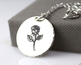 Birth Flower Disk Necklace, Personalized Floral Pendant, Silver Flower Necklace, Birthday Gift for Her, Sterling Silver Jewelry Rose Pendant