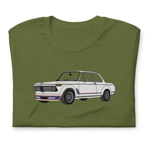 May include: A green t-shirt featuring an illustration of a white BMW 2002 car. The car has blue and red racing stripes.