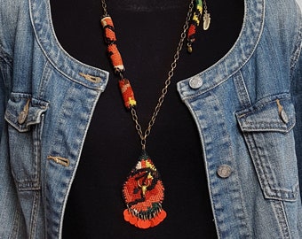 “Indian” long necklace necklace. Pendant and beads in hand-embroidered and recycled vintage tapestry. Jewel Textile poetry. Unique original creation