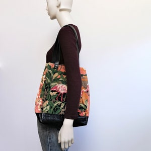 Handbag shoulder strap, type bag, large front pocket with zip, recycled vintage canvas. Flamingos. Upcycling. Recycled. Sustainable image 8