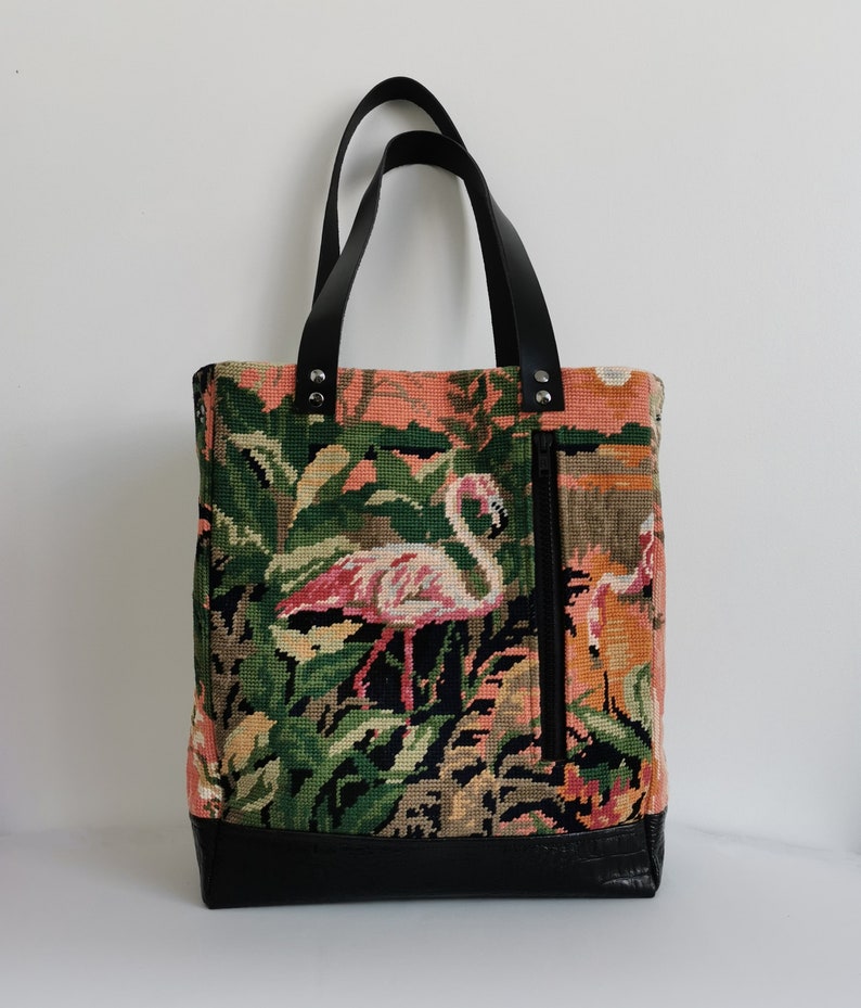 Handbag shoulder strap, type bag, large front pocket with zip, recycled vintage canvas. Flamingos. Upcycling. Recycled. Sustainable image 10