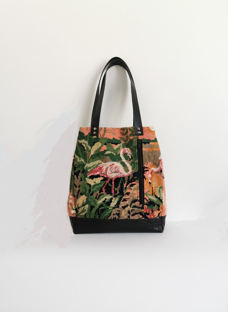 Handbag shoulder strap, type bag, large front pocket with zip, recycled vintage canvas. Flamingos. Upcycling. Recycled. Sustainable image 2