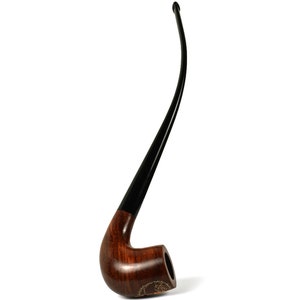 May include: A brown wooden pipe with a black stem. The pipe has a curved bowl and a long, thin stem.