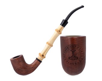 Pipa da tabacco in legno da 9,5" con gambo in bambù, incisione Mjolnir - martello di Thor - (24 cm) per filtro da 9 mm
