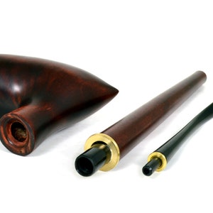 May include: A dark brown wooden smoking pipe with a long, thin stem and a bowl shaped like a pointed teardrop. The pipe is disassembled into three pieces: the bowl, the stem, and the mouthpiece.