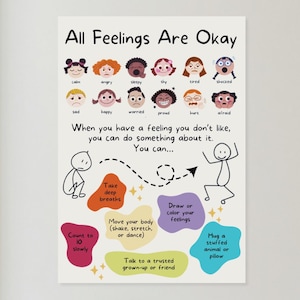 Poster All Feelings Are Okay – Grafiek emotionele regulatie voor kinderen, klaslokaal of huismuurdecoratie, hulpbron sociaal-emotioneel leren (SEL)