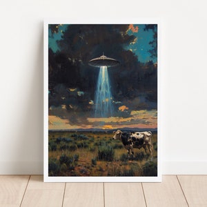 Cow in field with UFO art Farm landscape print Extraterrestrial encounter Whimsical cow abduction artwork Rural UFO Sighting Wall Decor