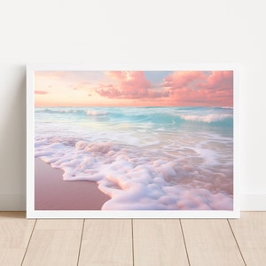 Art mural de plage rose, impression océan rose, déco rose poudré, impression de chambre à coucher rose, art mural rose bleu, art de plage pastel, déco côtière rose, affiche rose