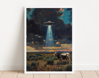 Vaca en el campo con arte OVNI Impresión de paisaje de granja Encuentro extraterrestre Arte caprichoso de abducción de vacas Decoración de pared de avistamiento de ovnis rurales