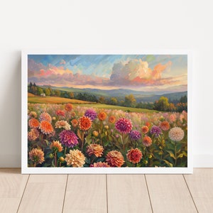 May include: A painting of a field of colorful dahlias in bloom, with a distant view of rolling hills and a cloudy sky. The flowers are in shades of pink, orange, yellow, and white.