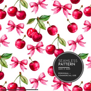 Kirsche und Schleife Nahtloses Muster - 3600x3600 PNG | Rosa Cottagecore Sommerfrucht Digitales Papier Download