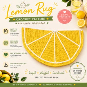 Puede incluir: Una alfombra de ganchillo amarilla brillante con forma de rodaja de lim&oacute;n, con segmentos blancos. La alfombra mide 76 cm de di&aacute;metro. El texto de la imagen dice "Lemon Rug" y "Crochet Pattern".