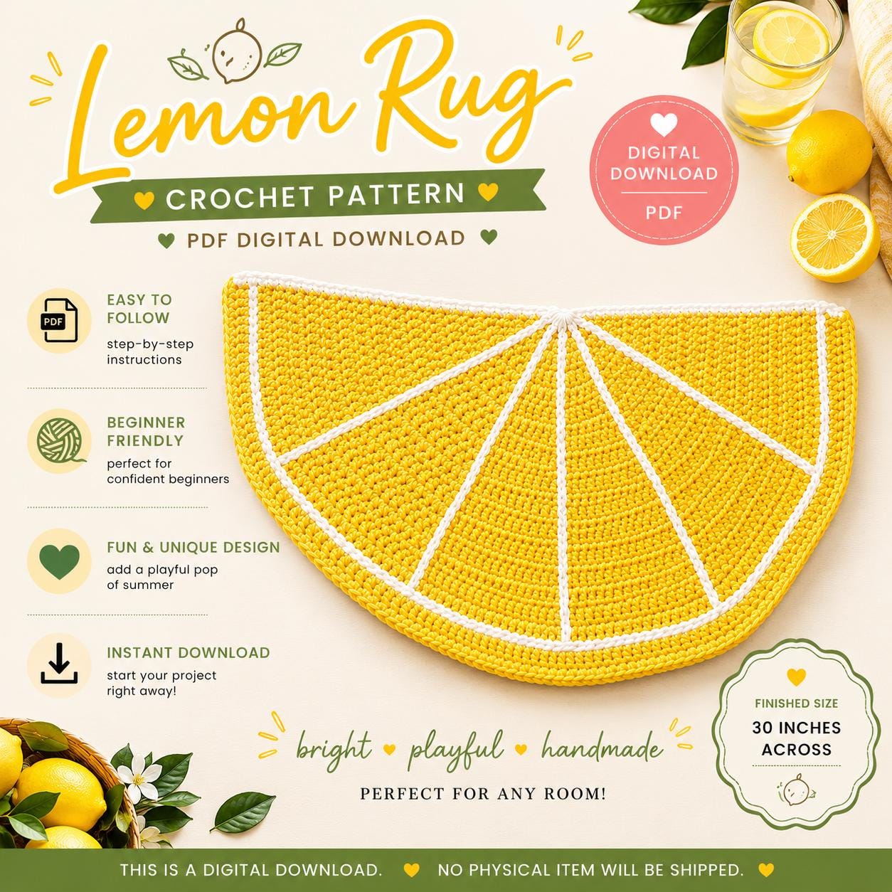 Simple Lemon Rug Lemon Rug Crochet Pattern Printable PDF Lemon Crochet Pattern Lemon Rug ...