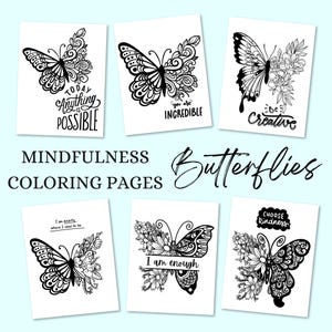 Mindfulness Butterfly Coloring Pages - Set of 6 Inspirational Designs - Digital Download for Relaxation and Creativity