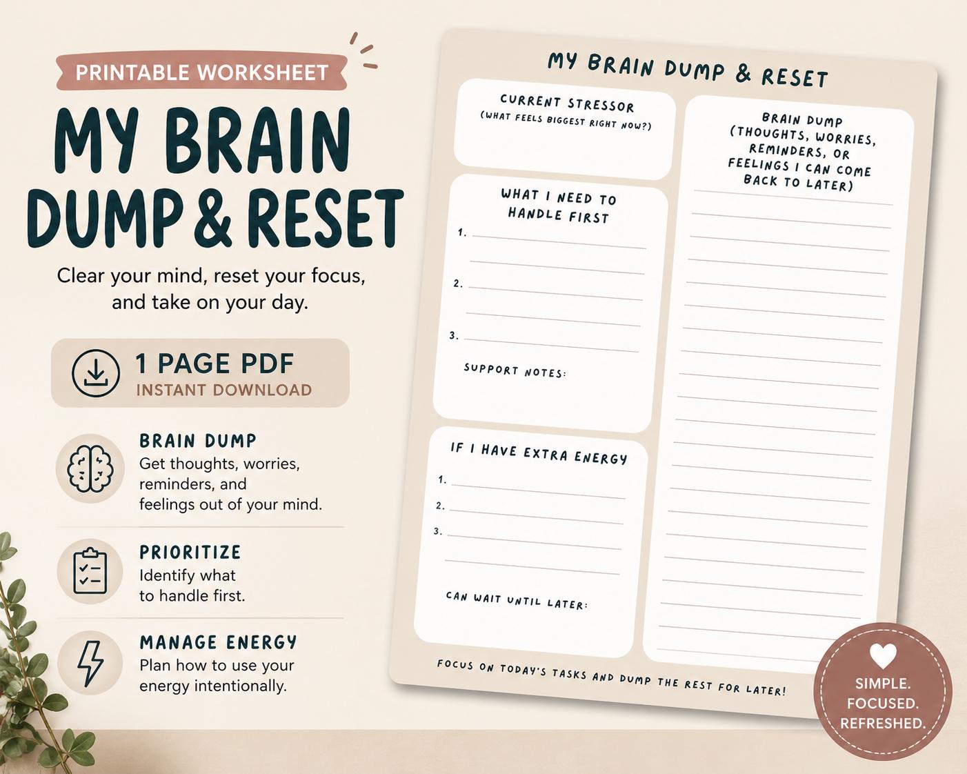 Brain Dump Reset Worksheet Printable, Mental Reset Planner PDF ...