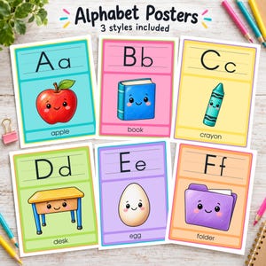 May include: Six educational alphabet posters featuring letters A through F. Each card displays an uppercase and lowercase letter with a corresponding illustration of an apple, book, crayon, desk, egg, or folder, all with smiling faces.