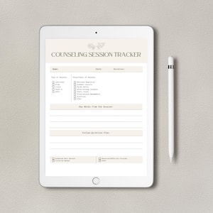 May include: A white digital tablet with a counseling session tracker on the screen. The tracker includes sections for name, date, duration, type of session, focus topics of session, key notes from the session, follow-up/action plan, scheduled next session, and resources/referrals provided.