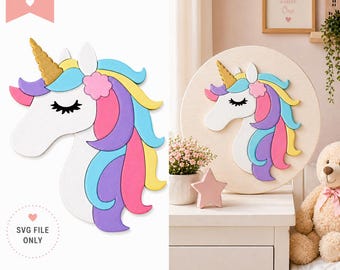 May include: A colorful unicorn head design with a golden horn, white face, and rainbow mane. The image includes the text "DIGITAL DOWNLOAD" and "SVG FILE ONLY". The design is available as an SVG file for Glowforge and Cricut.
