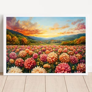 Vibrant Sunset Flower Field Print - Colorful Landscape Digital Art - Dahlia Flowers, Mountain View