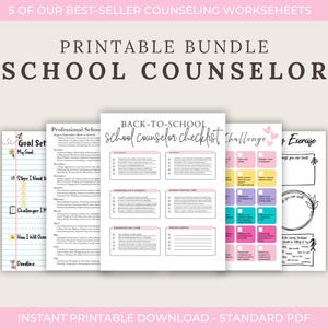 May include: A printable bundle of school counselor worksheets. The image displays five different worksheets with titles such as "Goal Set", "Challenge", and "Back-to-School Checklist". The text "Printable Bundle School Counselor" is at the top.