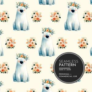 Modèle sans couture d'ours polaire – 3600x3600 PNG | Carrelage animal floral aquarelle pour chambre de bébé, tissu d'hiver pour bébé, téléchargement numérique