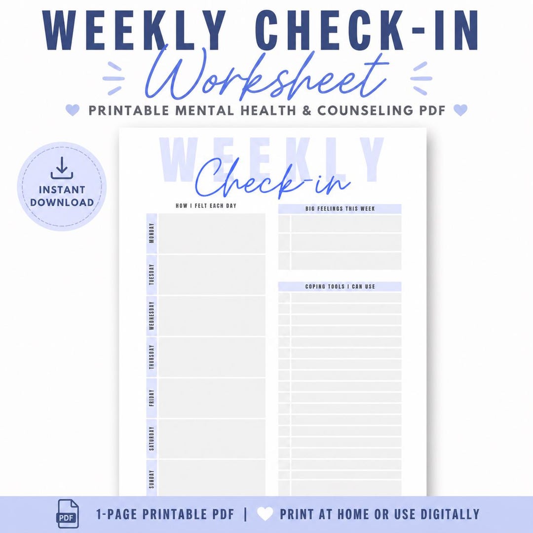 Weekly Check-in Worksheet Printable, Therapy PDF, Mental Health Planner ...