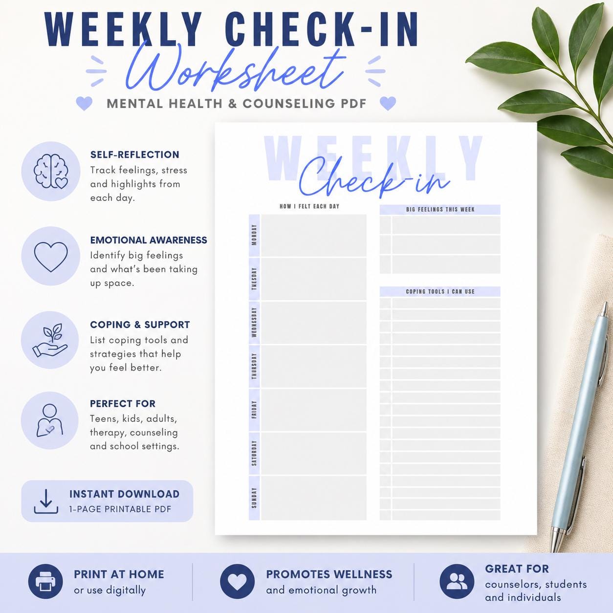 Positive Weekly Check In Weekly Check-in Worksheet Printable, Therapy PDF, Mental Health Planner ...