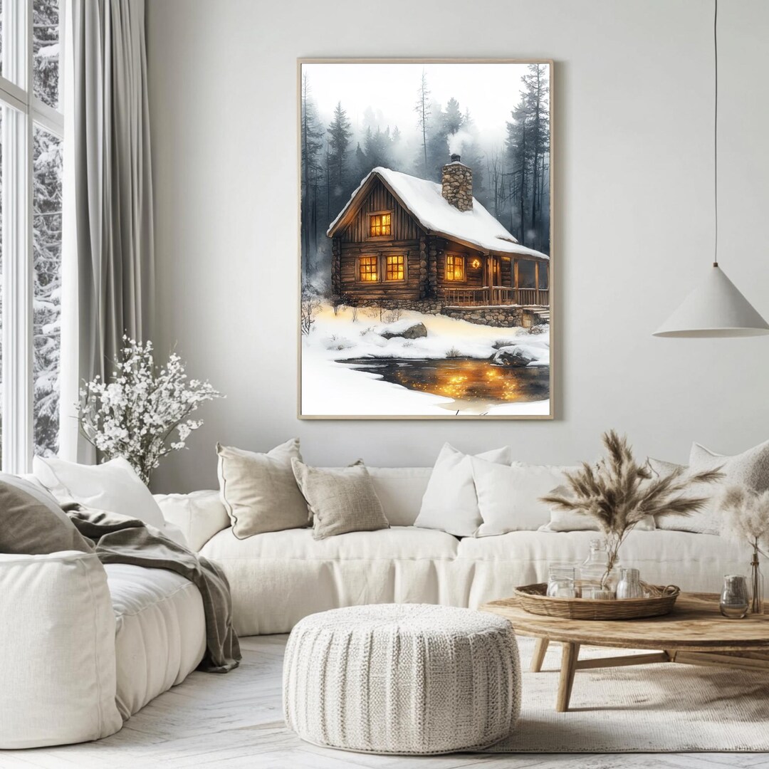 Snowy Cabin PNG Winter Cabin Art Rustic Winter Decor Cozy Wall Art PNG ...
