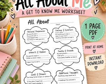 Könnte beinhalten: Ein ausdruckbares All About Me Arbeitsblatt mit sechs wolkenförmigen Abschnitten für persönliche Vorlieben, Gefühle, Interessen, Familie, Ziele und Gedanken. Das Dokument enthält Textvorgaben und Linien zum Ausfüllen der Informationen.