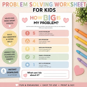 Puede incluir: Una hoja de trabajo de resolución de problemas para niños titulada How Big Is My Problem? que presenta una escala de cinco niveles del 1 al 5 con colores, símbolos y descripciones. El documento incluye una sección para respuestas escritas.