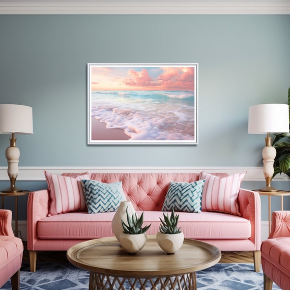 Pink Beach Wall Art, Pastel Coastal Sunset Print, Pink Ocean Art