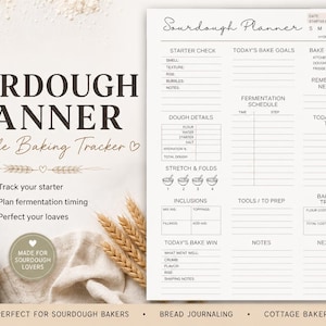 May include: A printable sourdough planner with sections for starter checks, bake goals, and dough details. The design includes a loaf of bread, wheat stalks, and the text "Sourdough Planner". It also has a section to track the bake cost.