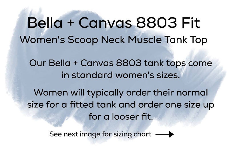 May include: Text on a light blue background reads "Bella + Canvas 8803 Fit Women's Scoop Neck Muscle Tank Top." It describes the tank tops and sizing, suggesting women order their normal size for a fitted tank or one size up for a looser fit. The text also says "See next image for sizing chart."