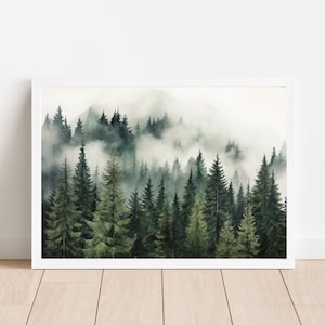 Boslandschapskunstdruk - digitale kunst mistig bos en pijnbomen - natuurmuur, scène mistig bos