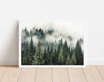 May include: A watercolor painting of a misty forest scene with tall, green pine trees. The trees are clustered together, creating a dense and lush forest. The fog adds a sense of mystery and depth to the scene.