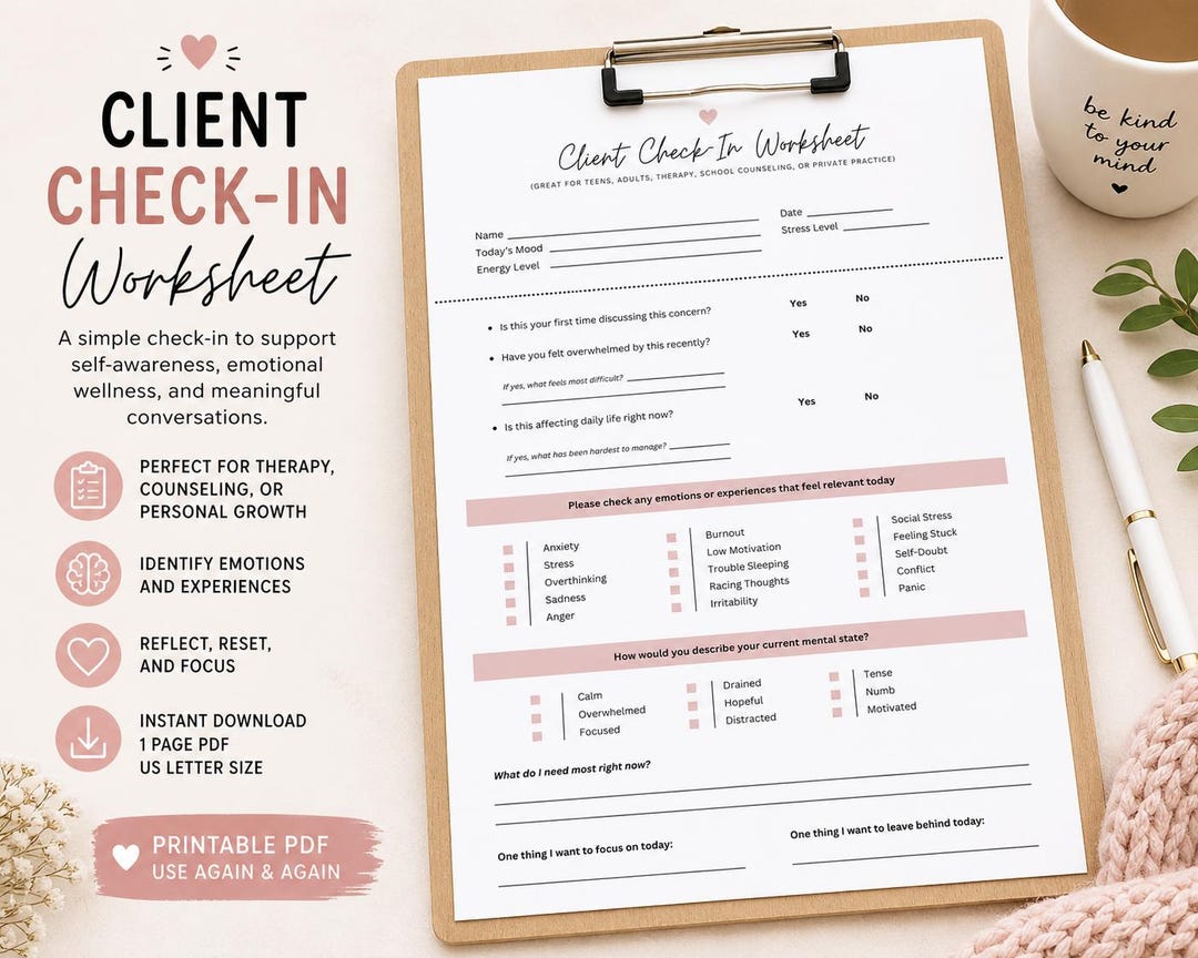 Client Check in Worksheet Printable, Therapy Session Worksheet PDF ...