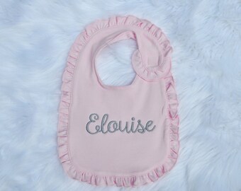 Monogrammed Baby Bib, Pink Cotton Ruffle, Personalized Gift