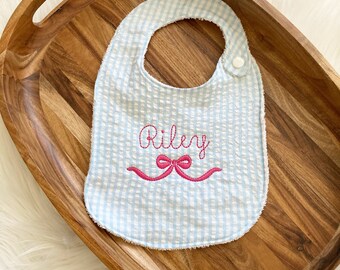 Monogrammed Seersucker Bib, Personalized Baby Gift
