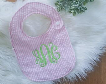 Pink Seersucker Bib, Monogrammed Bib, Baby Girl Bib, Monogrammed Seersucker Bib, Baby Girl Gift, Baby Shower Gift