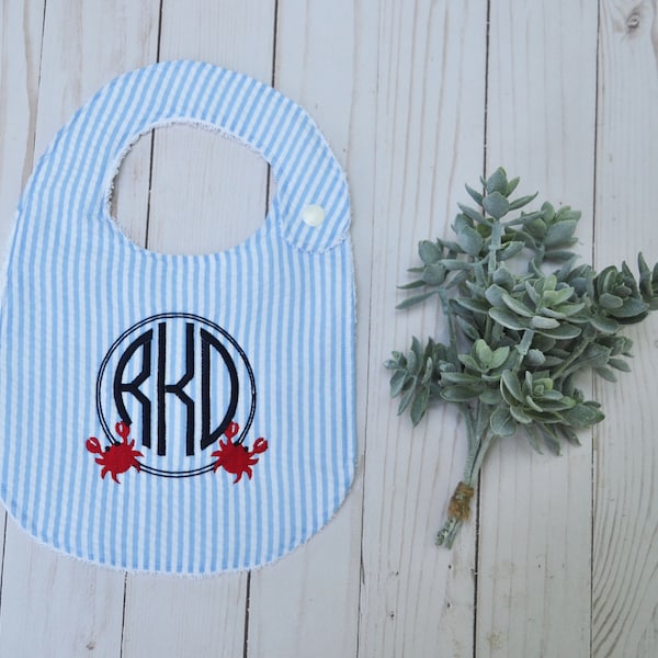 Monogrammed Seersucker Baby Bib, Crab Design