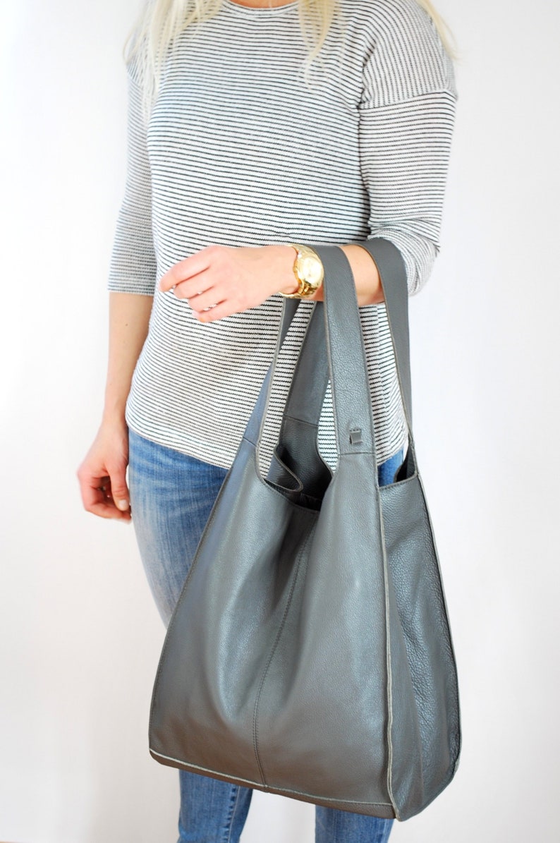 Huge Genuine Leather Broad Shopper Urban Style Dark Grey Bag - Etsy