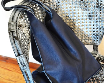 Huge Genuine Leather Broad Shopper Urban Style Dark Blue Color, Blue Leather Bag Tote, Italian Leather Huge Bag, Genuine Leather Purse