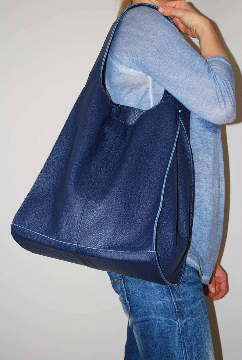 Huge Genuine Leather Broad Shopper Urban Style Dark Blue | Etsy