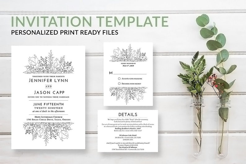 Digital Boho Printable Suite Rustic Wedding Invitation Template Download w RSVP Set Simple Invite Packages