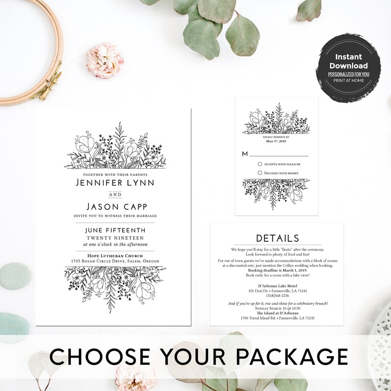 Digital Boho Printable Suite Rustic Wedding Invitation Template Download w RSVP Set Simple Invite Packages