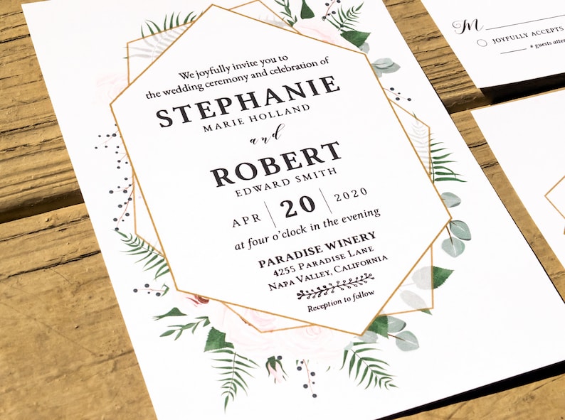 Cottage Chic Geometric Greenery Wedding Invitation Suite Printed Invitations Gold Bohemian Rustic Pink Floral Invitations