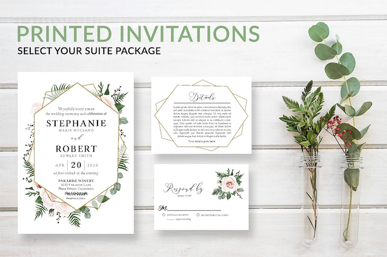 Cottage Chic Geometric Greenery Wedding Invitation Suite Printed Invitations Gold Bohemian Rustic Pink Floral Invitations
